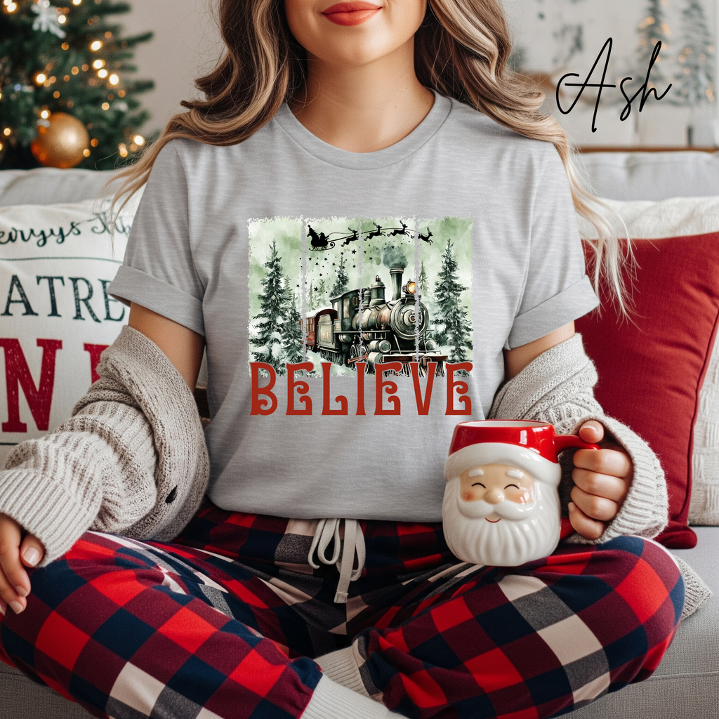 Believe Christmas T-Shirt 🎅 | Polar Express Train & Santa Sleigh Graphic Bella Canvas 3001 Tee