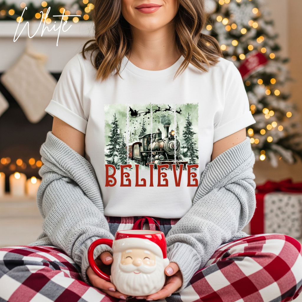 Believe Christmas T-Shirt 🎅 | Polar Express Train & Santa Sleigh Graphic Bella Canvas 3001 Tee