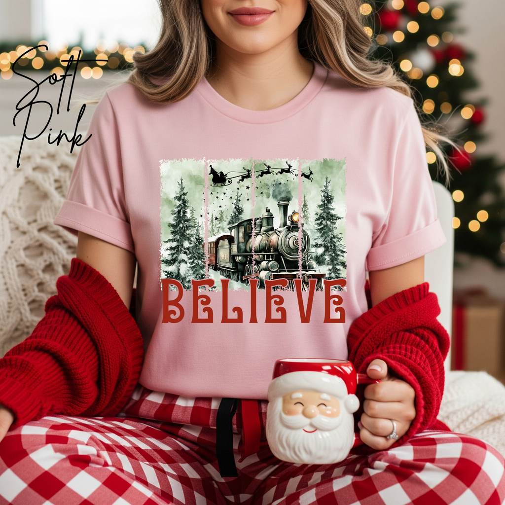 Believe Christmas T-Shirt 🎅 | Polar Express Train & Santa Sleigh Graphic Bella Canvas 3001 Tee