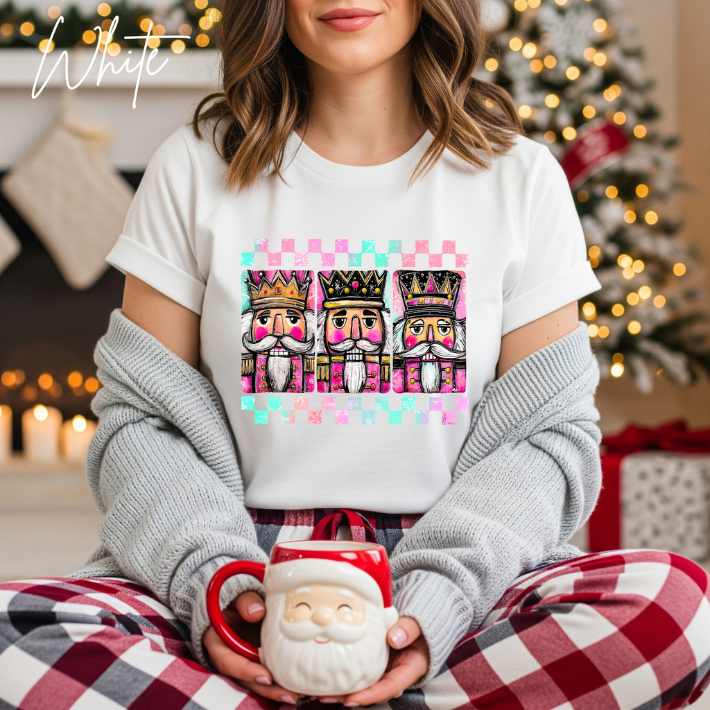 3 Nutcracker Christmas T-Shirt 🎄 | Watercolor Holiday with Checker Border for Women Bella Canvas 3001 Tshirt