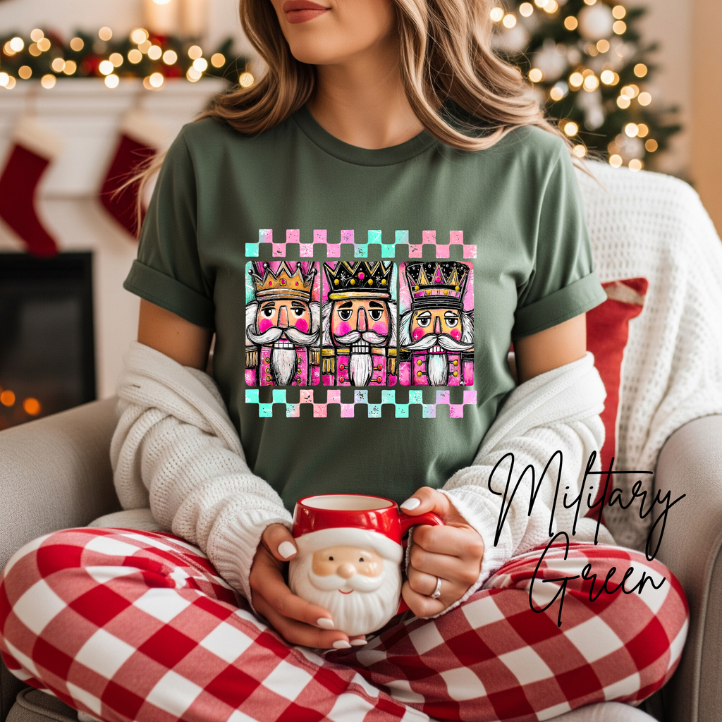 3 Nutcracker Christmas T-Shirt 🎄 | Watercolor Holiday with Checker Border for Women Bella Canvas 3001 Tshirt