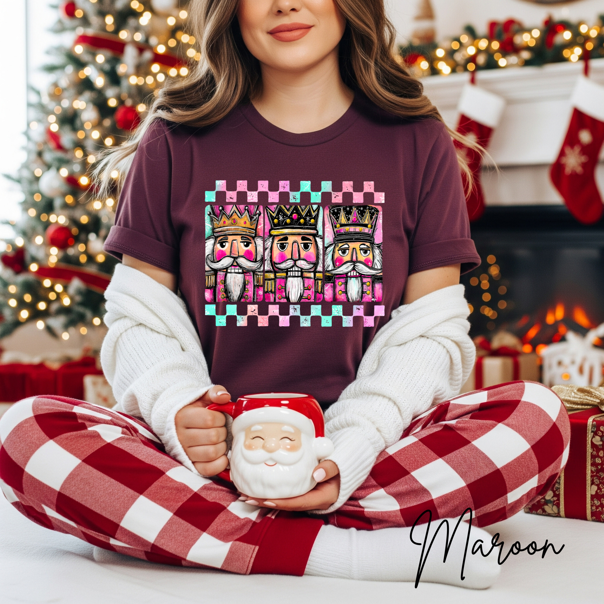 3 Nutcracker Christmas T-Shirt 🎄 | Watercolor Holiday with Checker Border for Women Bella Canvas 3001 Tshirt