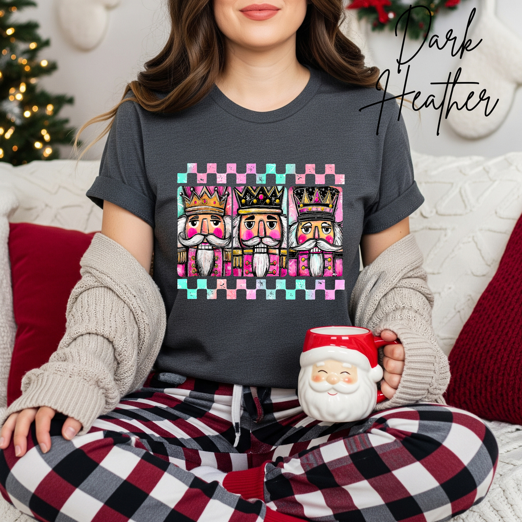 3 Nutcracker Christmas T-Shirt 🎄 | Watercolor Holiday with Checker Border for Women Bella Canvas 3001 Tshirt