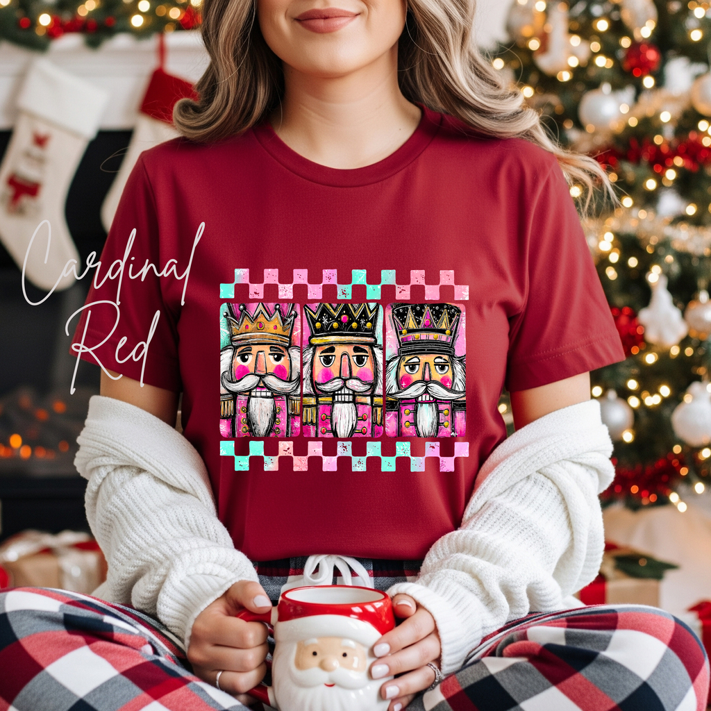 3 Nutcracker Christmas T-Shirt 🎄 | Watercolor Holiday with Checker Border for Women Bella Canvas 3001 Tshirt