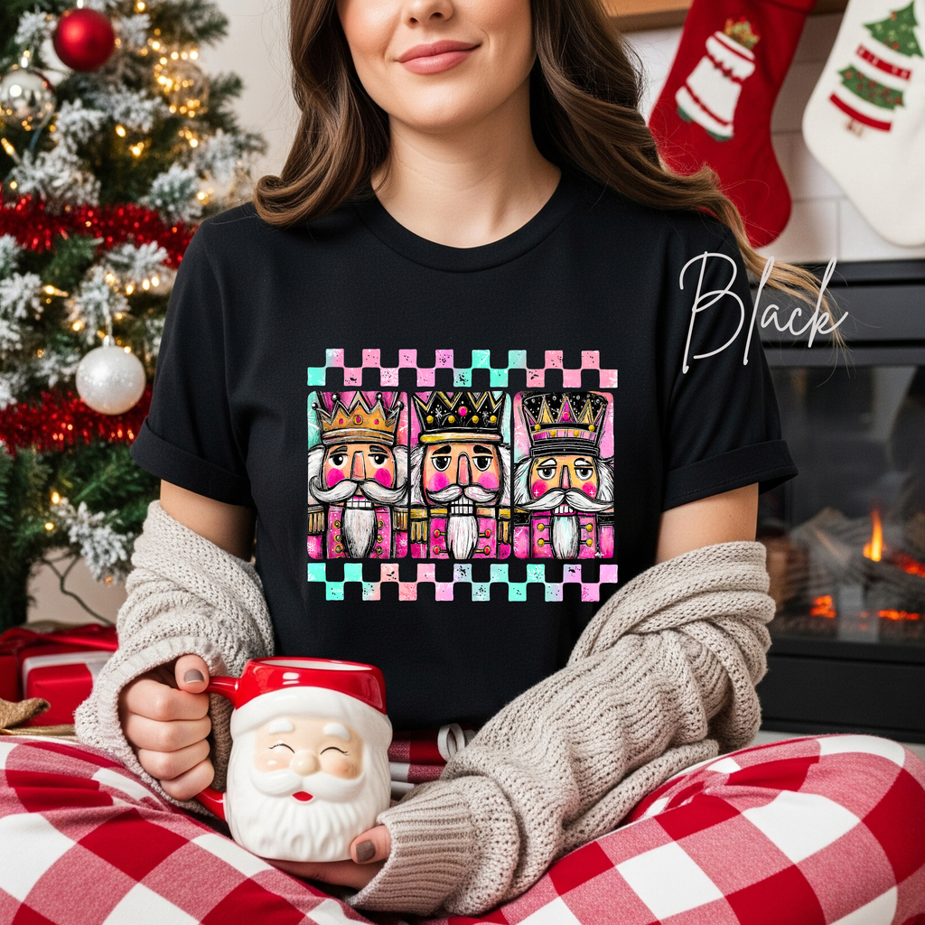 3 Nutcracker Christmas T-Shirt 🎄 | Watercolor Holiday with Checker Border for Women Bella Canvas 3001 Tshirt