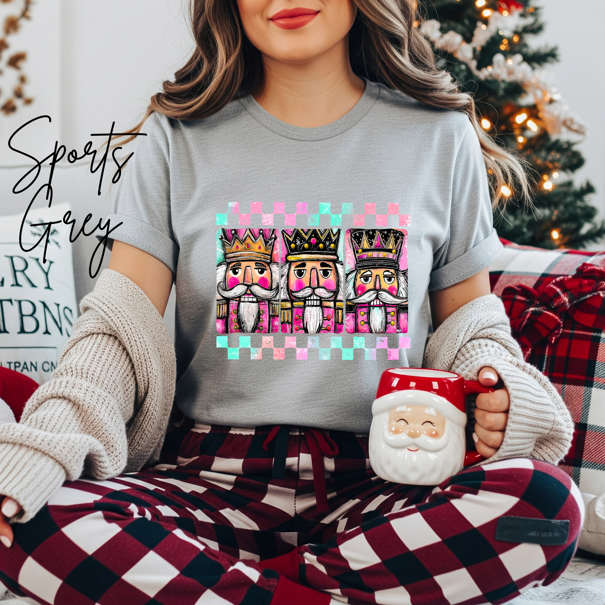3 Nutcracker Christmas T-Shirt 🎄 | Watercolor Holiday with Checker Border for Women Bella Canvas 3001 Tshirt