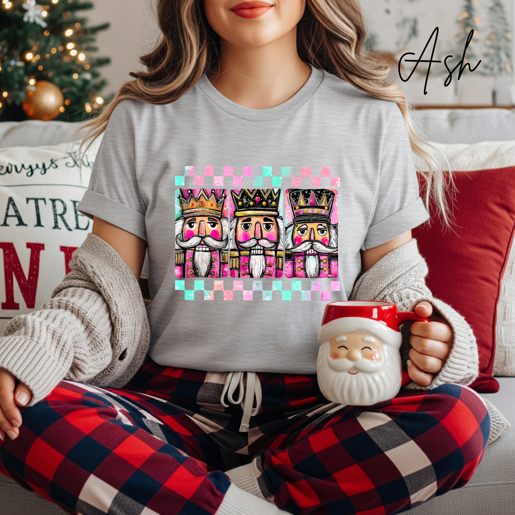 3 Nutcracker Christmas T-Shirt 🎄 | Watercolor Holiday with Checker Border for Women Bella Canvas 3001 Tshirt