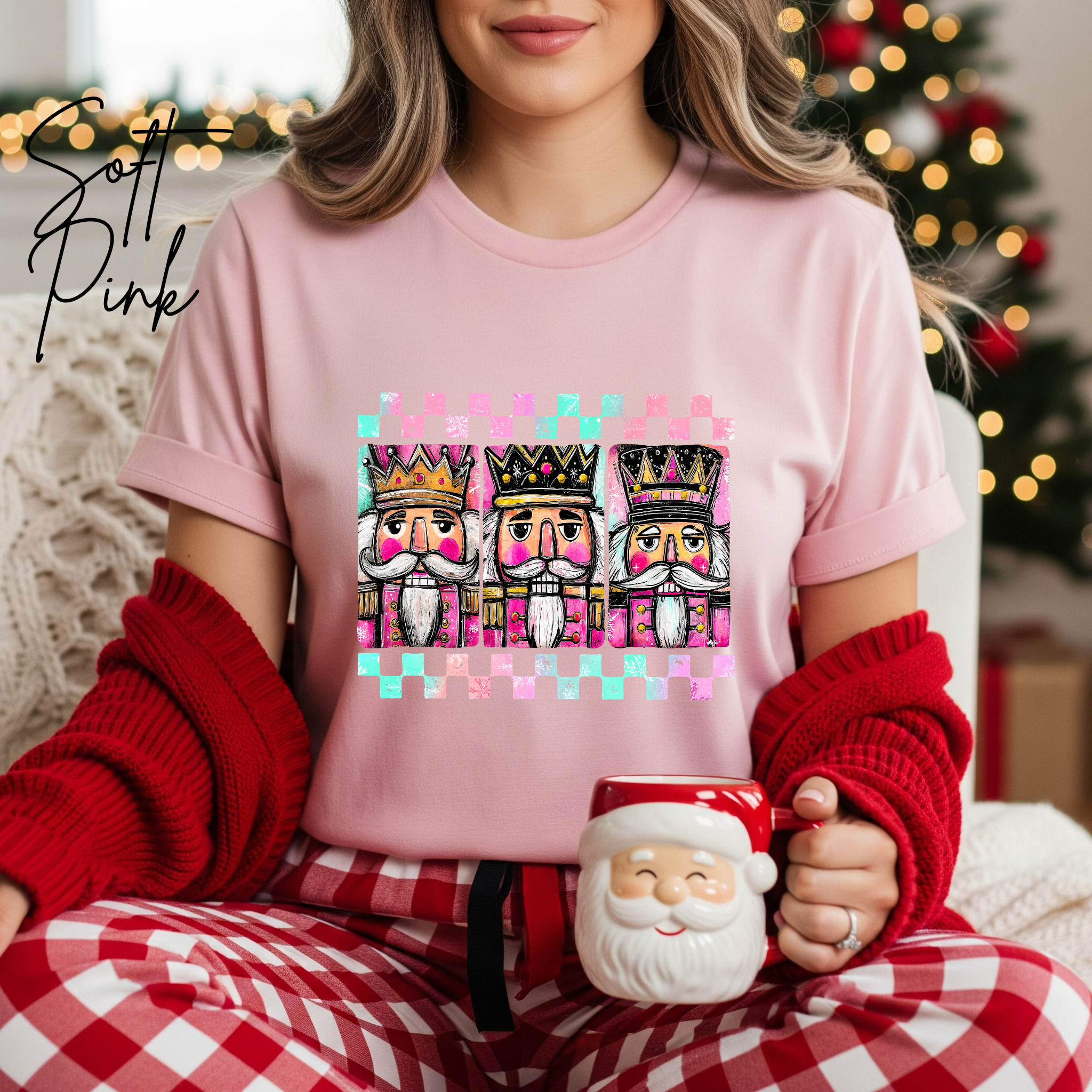 3 Nutcracker Christmas T-Shirt 🎄 | Watercolor Holiday with Checker Border for Women Bella Canvas 3001 Tshirt
