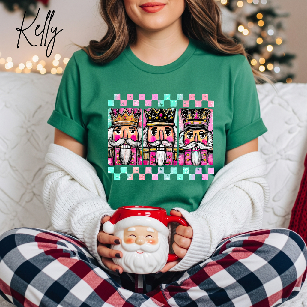 3 Nutcracker Christmas T-Shirt 🎄 | Watercolor Holiday with Checker Border for Women Bella Canvas 3001 Tshirt