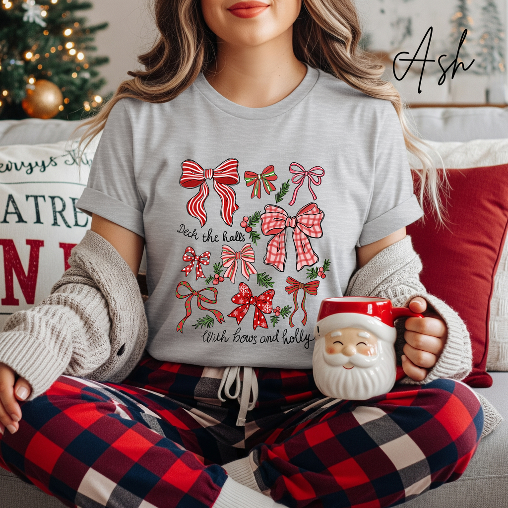 Deck the Halls with Bows and Holly T-Shirt | Bella Canvas 3001 Coquette Christmas Tee