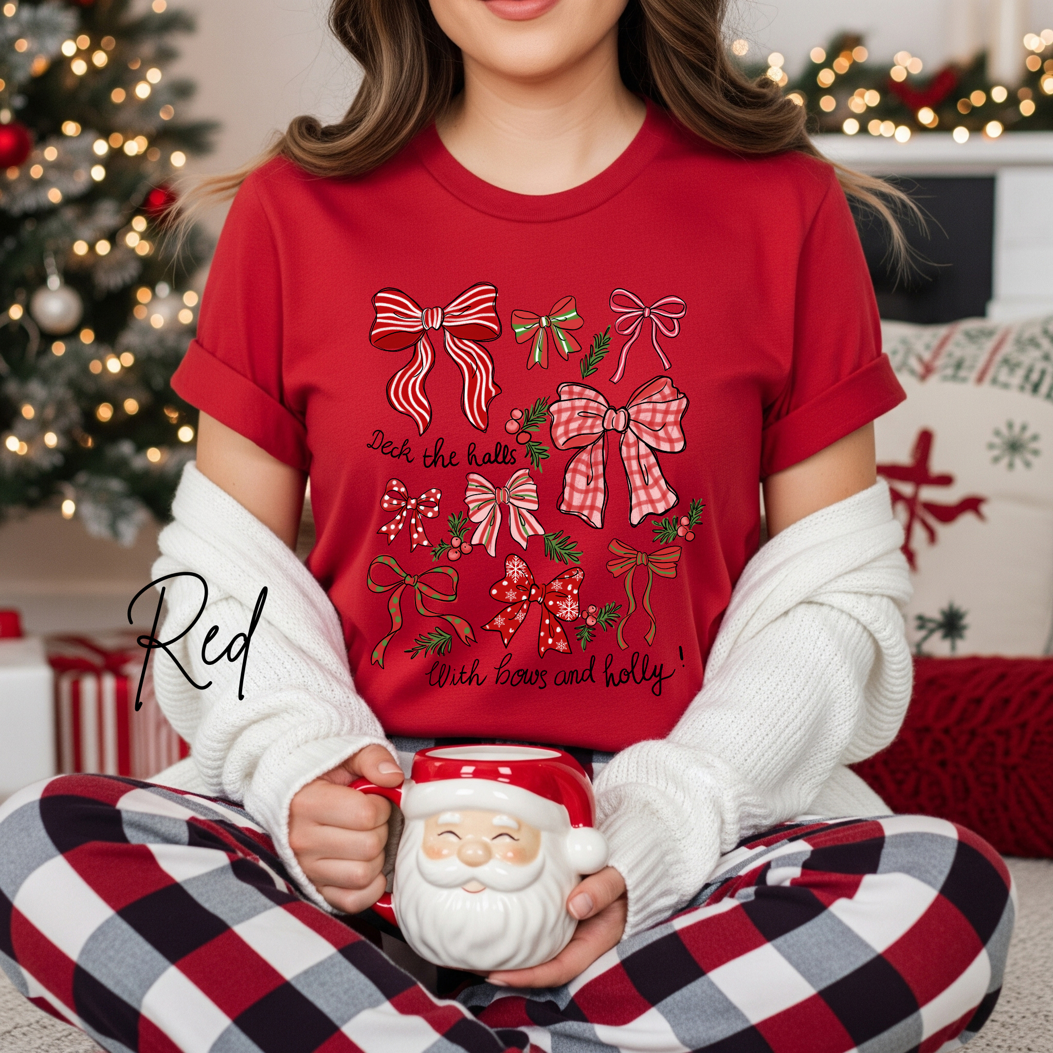 Deck the Halls with Bows and Holly T-Shirt | Bella Canvas 3001 Coquette Christmas Tee