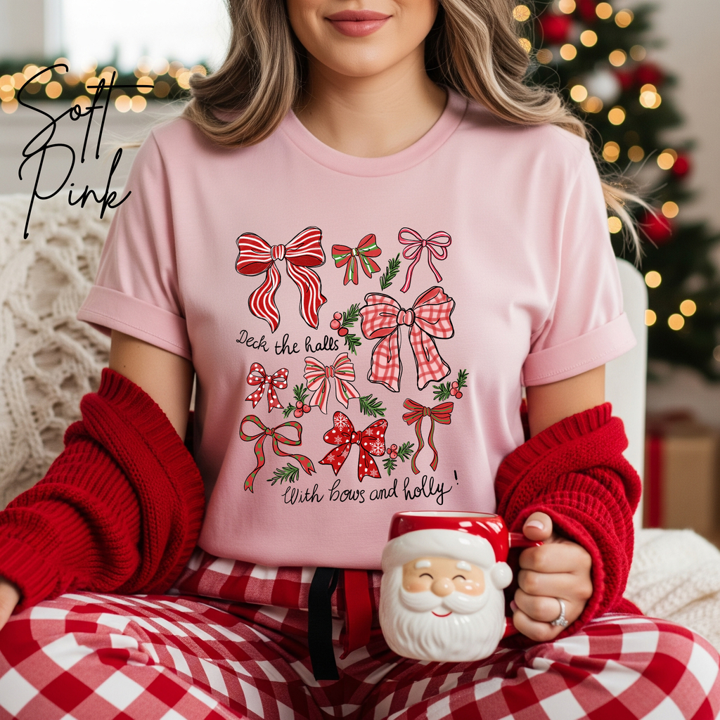 Deck the Halls with Bows and Holly T-Shirt | Bella Canvas 3001 Coquette Christmas Tee