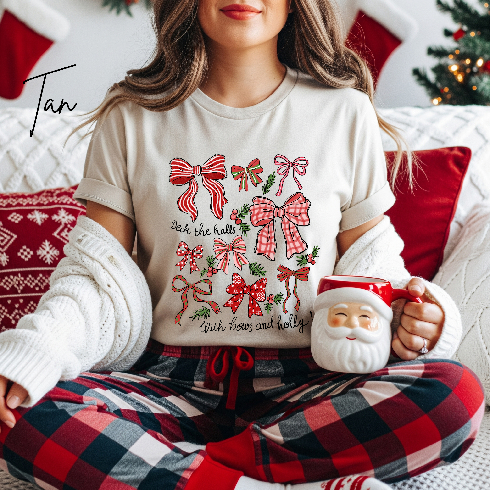 Deck the Halls with Bows and Holly T-Shirt | Bella Canvas 3001 Coquette Christmas Tee