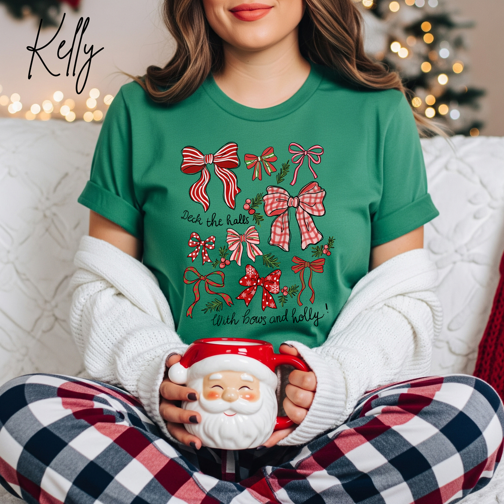 Deck the Halls with Bows and Holly T-Shirt | Bella Canvas 3001 Coquette Christmas Tee