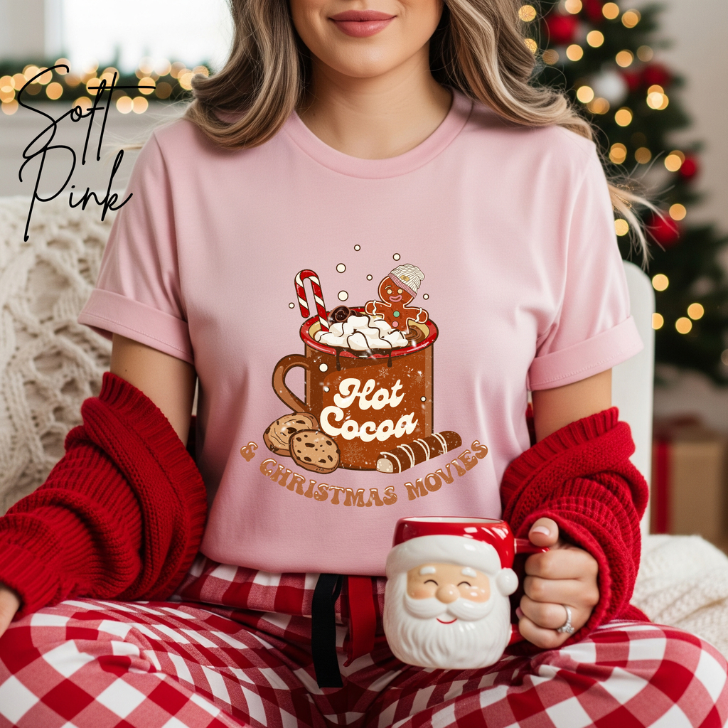 Hot Cocoa and Christmas Movies T-Shirt | Cozy Holiday Graphic Bella Canvas 3001 Tshirt