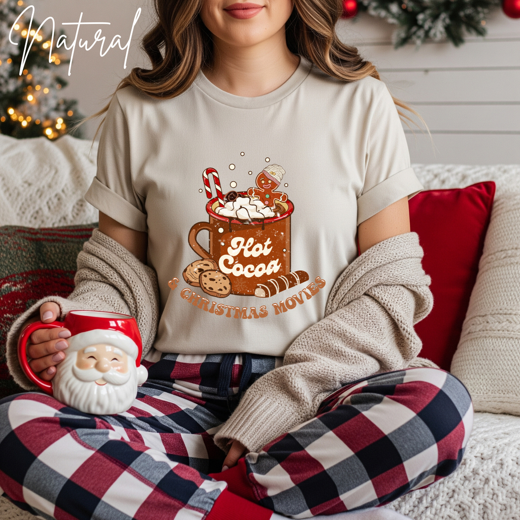Hot Cocoa and Christmas Movies T-Shirt | Cozy Holiday Graphic Bella Canvas 3001 Tshirt