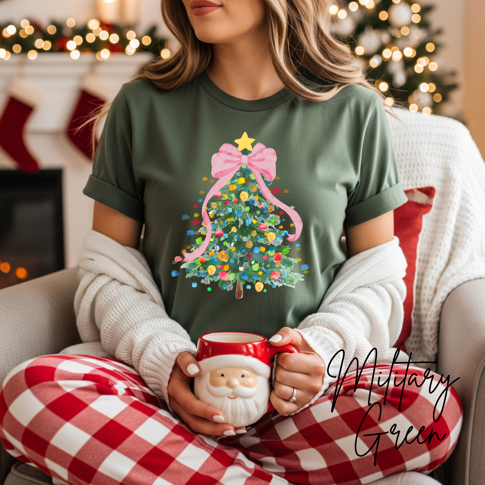 Pastel Watercolour Christmas Tree Women's T-Shirt | Coquette Bow Holiday Bella Canvas 3001Tee
