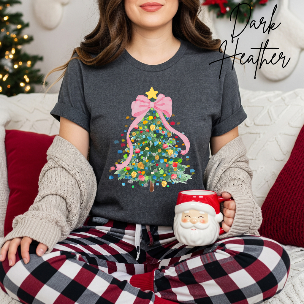 Pastel Watercolour Christmas Tree Women's T-Shirt | Coquette Bow Holiday Bella Canvas 3001Tee