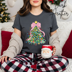 Pastel Watercolour Christmas Tree Women's T-Shirt | Coquette Bow Holiday Bella Canvas 3001Tee