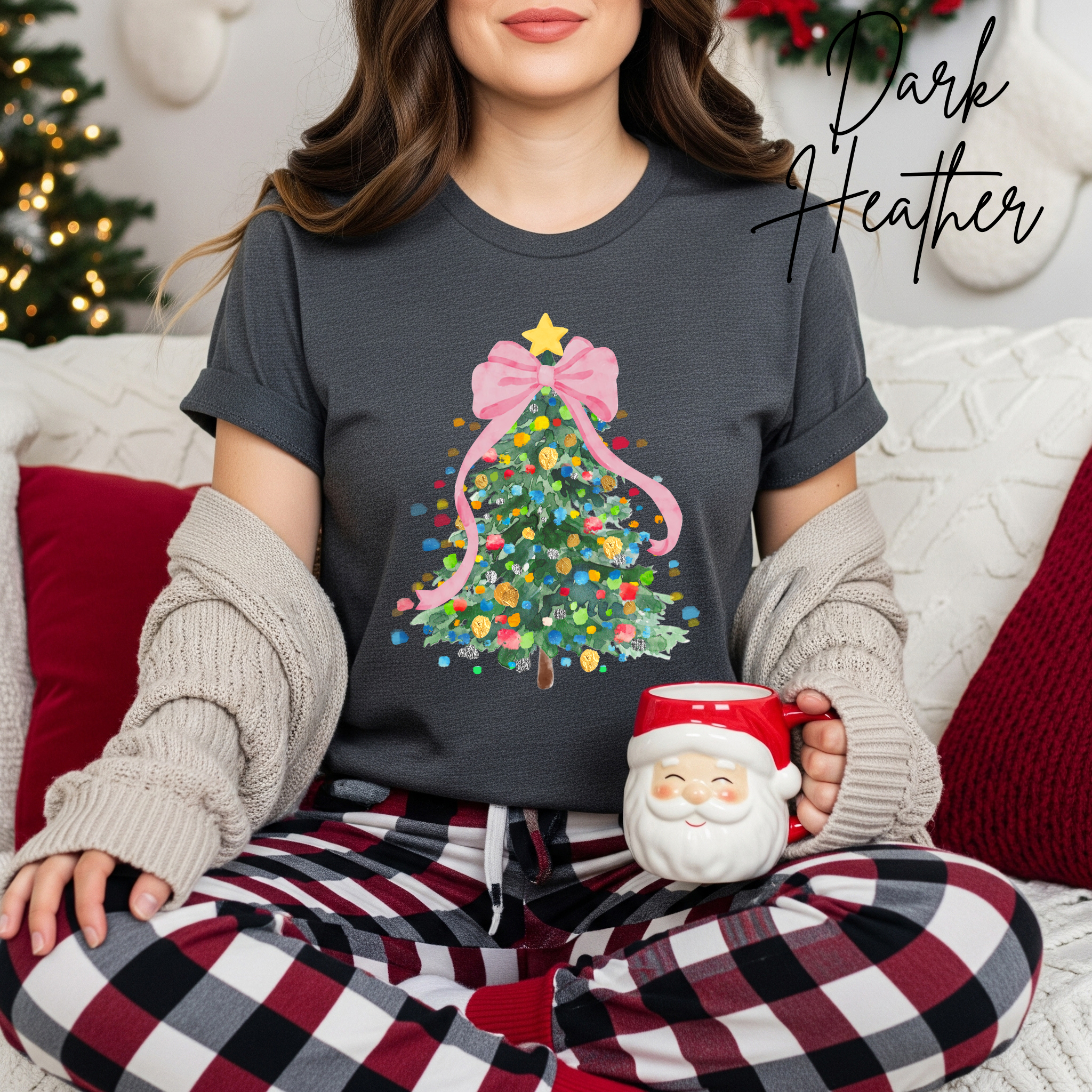 Pastel Watercolour Christmas Tree Women's T-Shirt | Coquette Bow Holiday Bella Canvas 3001Tee