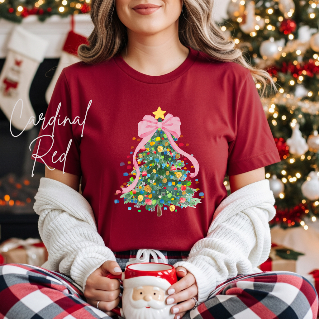 Pastel Watercolour Christmas Tree Women's T-Shirt | Coquette Bow Holiday Bella Canvas 3001Tee
