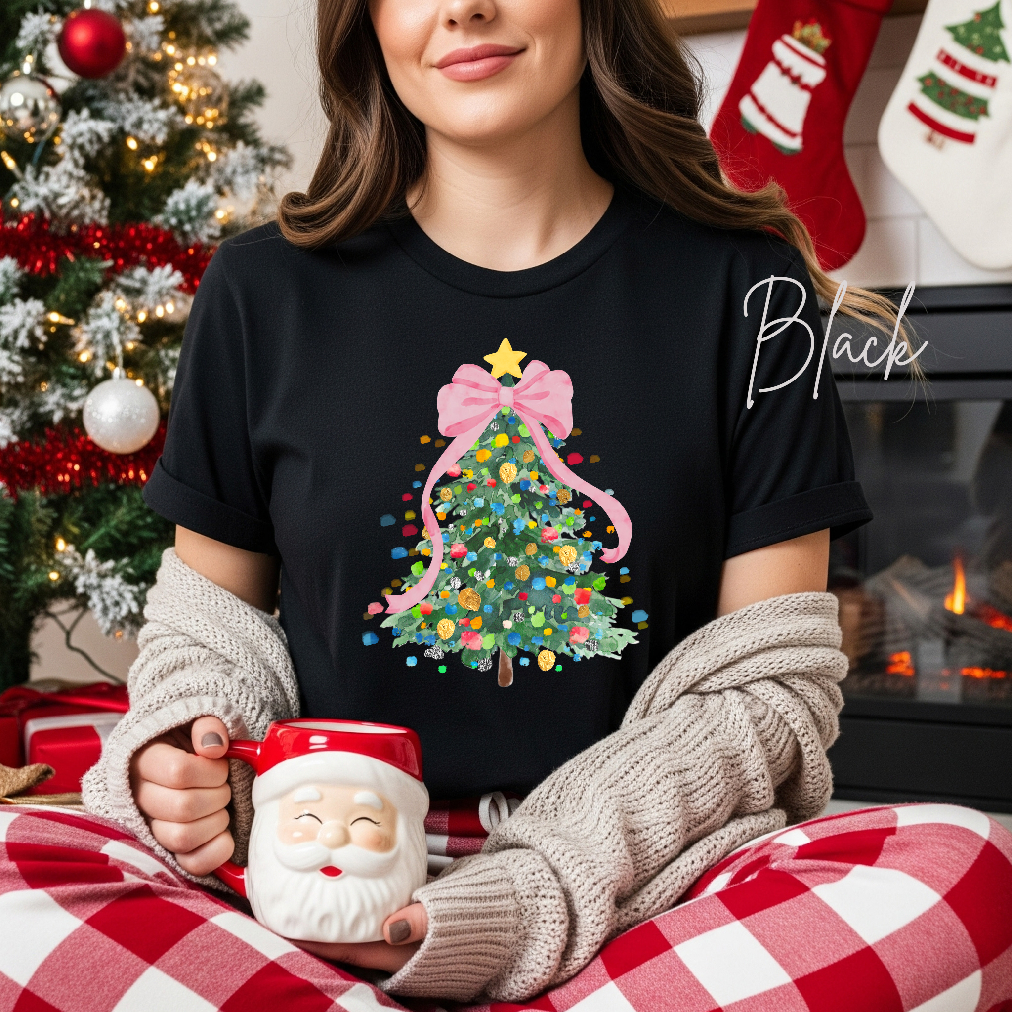 Pastel Watercolour Christmas Tree Women's T-Shirt | Coquette Bow Holiday Bella Canvas 3001Tee