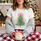 Pastel Watercolour Christmas Tree Women's T-Shirt | Coquette Bow Holiday Bella Canvas 3001Tee