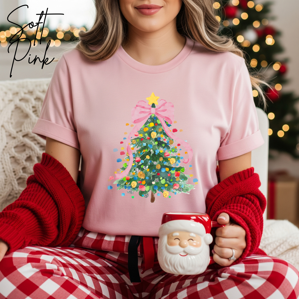 Pastel Watercolour Christmas Tree Women's T-Shirt | Coquette Bow Holiday Bella Canvas 3001Tee