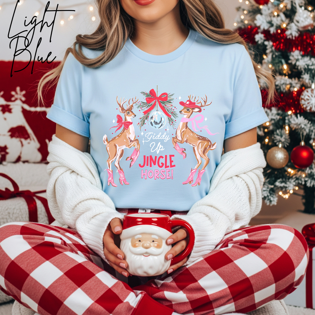 🤠🎄 Giddy Up Jingle Horse | Western Reindeer Discoball Christmas Bella Canvas 3001 Tshirt