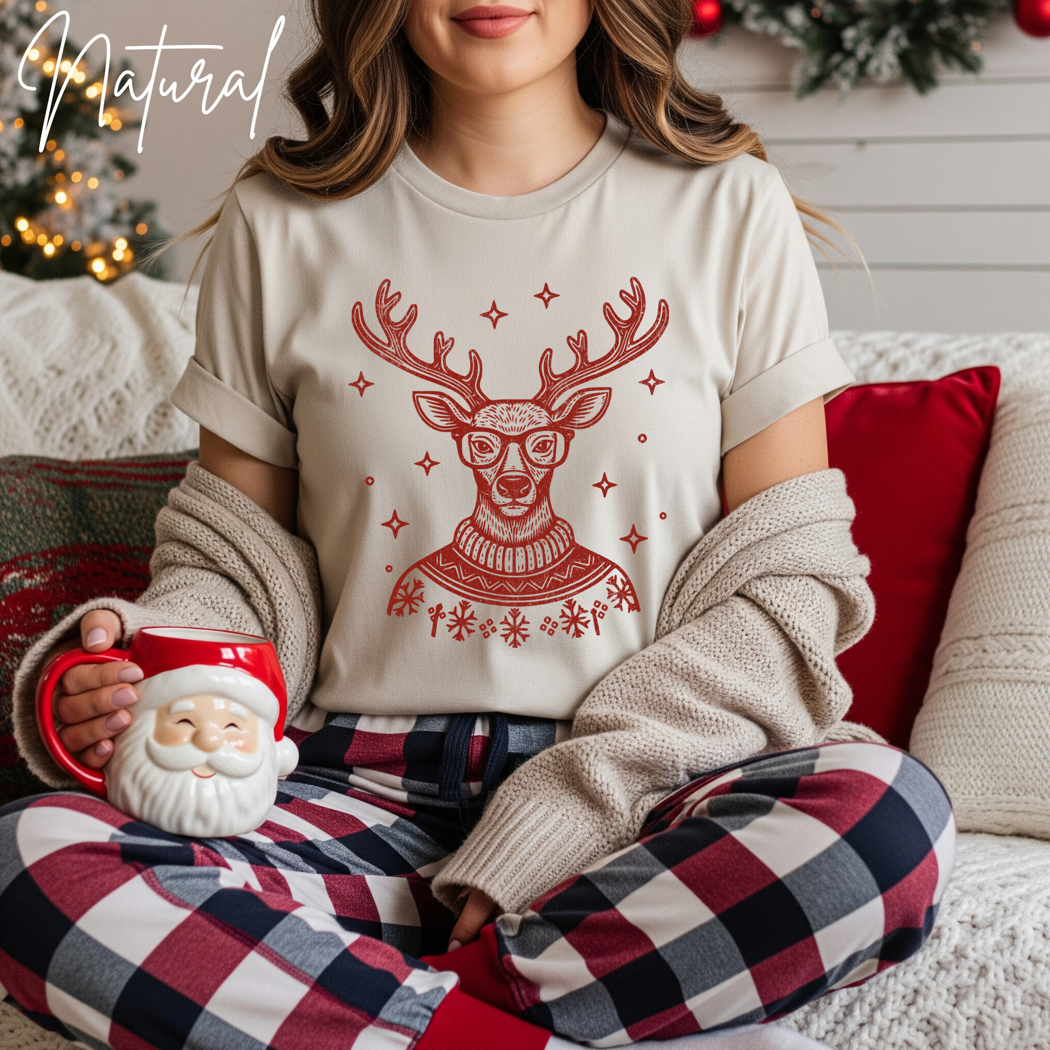 🦌🎄 Preppy Christmas Deer T-Shirt – Bella + Canvas 3001 • Cute Holiday Deer in Turtleneck & Glasses Christmas Tee