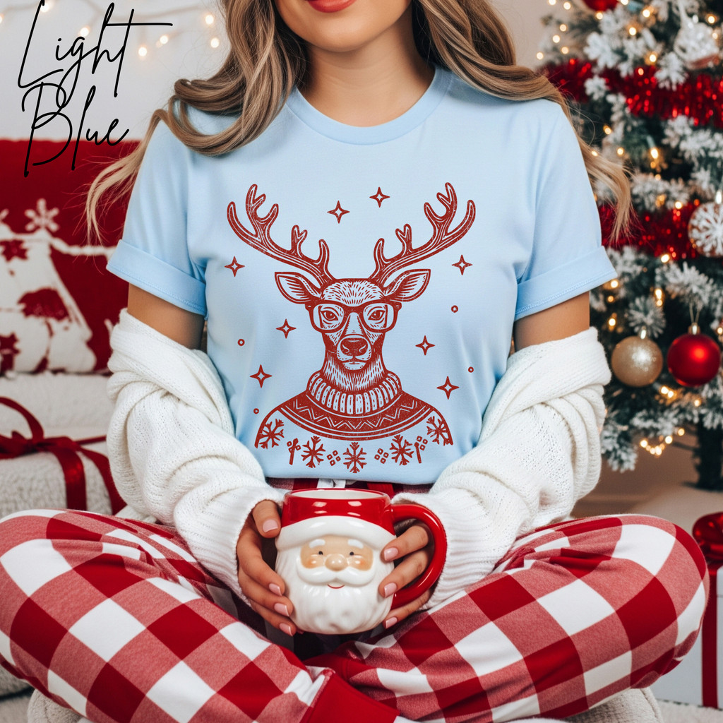 🦌🎄 Preppy Christmas Deer T-Shirt – Bella + Canvas 3001 • Cute Holiday Deer in Turtleneck & Glasses Christmas Tee