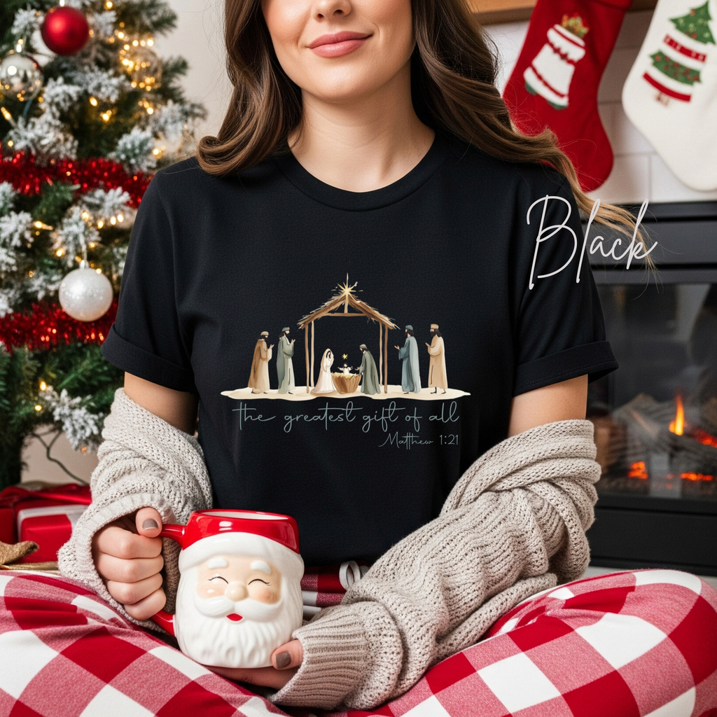 The Greatest Gift of All Nativity Christmas Bella Canvas 3001 Tshirt