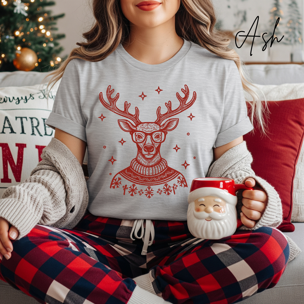 🦌🎄 Preppy Christmas Deer T-Shirt – Bella + Canvas 3001 • Cute Holiday Deer in Turtleneck & Glasses Christmas Tee