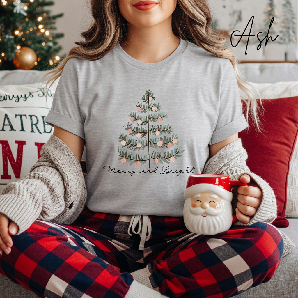 Merry & Bright Christmas T-Shirt 🎀 | Pastel Tree Holiday Tee | Bella Canvas 3001 Tshirt