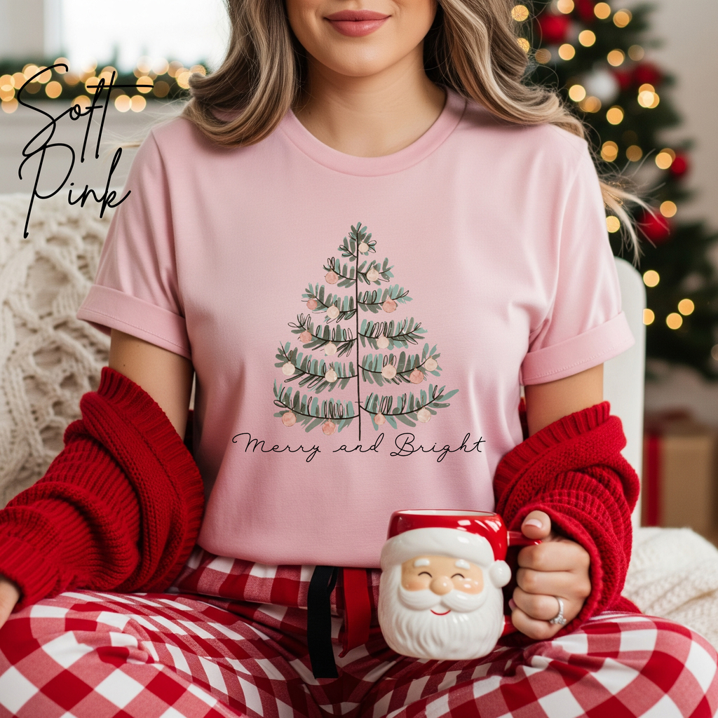 Merry & Bright Christmas T-Shirt 🎀 | Pastel Tree Holiday Tee | Bella Canvas 3001 Tshirt