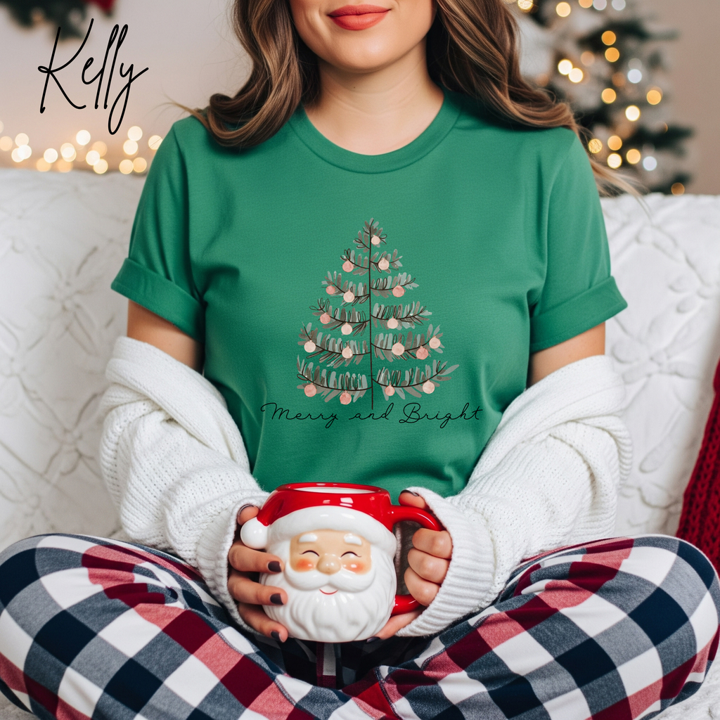 Merry & Bright Christmas T-Shirt 🎀 | Pastel Tree Holiday Tee | Bella Canvas 3001 Tshirt