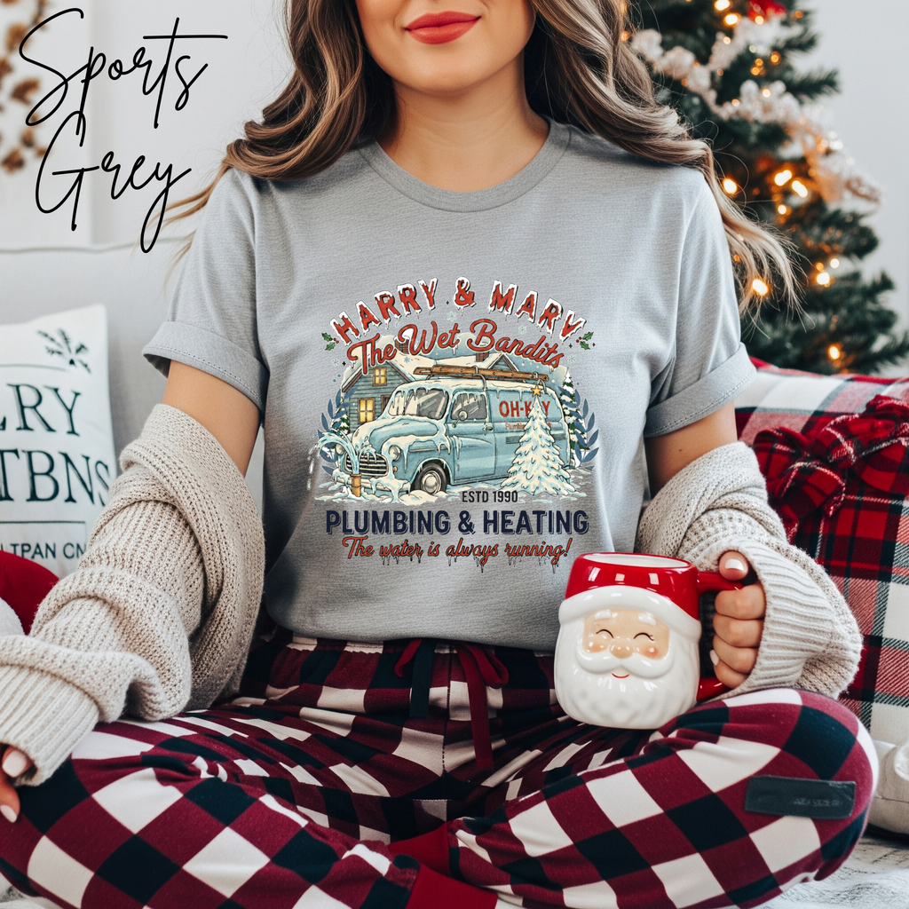 🎄🚚 Wet Bandits Plumbing & Heating Christmas Tee | Harry & Marv Holiday Parody Bella Canvas Shirt 🚰🎅