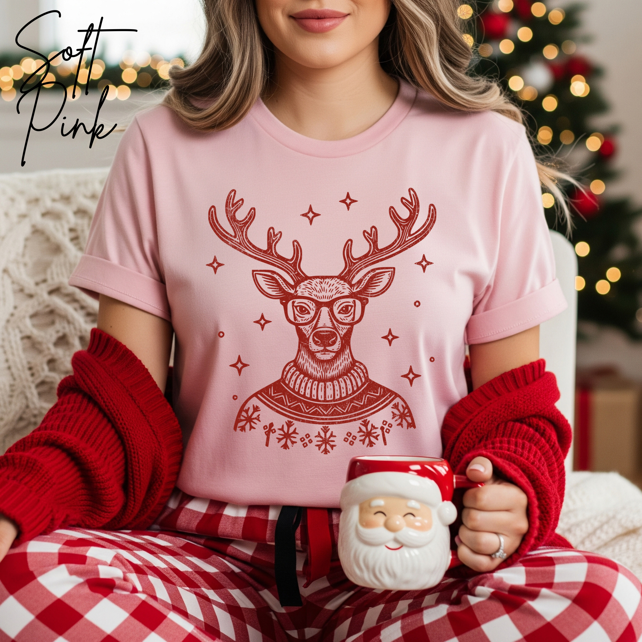 🦌🎄 Preppy Christmas Deer T-Shirt – Bella + Canvas 3001 • Cute Holiday Deer in Turtleneck & Glasses Christmas Tee