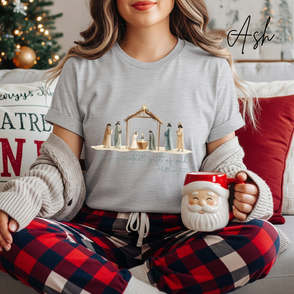 The Greatest Gift of All Nativity Christmas Bella Canvas 3001 Tshirt