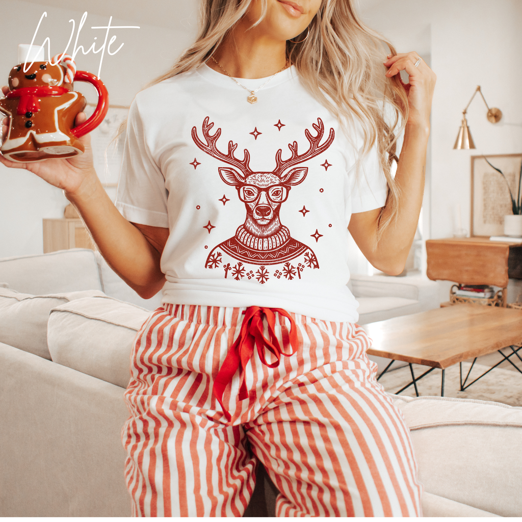 🦌🎄 Preppy Christmas Deer T-Shirt – Bella + Canvas 3001 • Cute Holiday Deer in Turtleneck & Glasses Christmas Tee