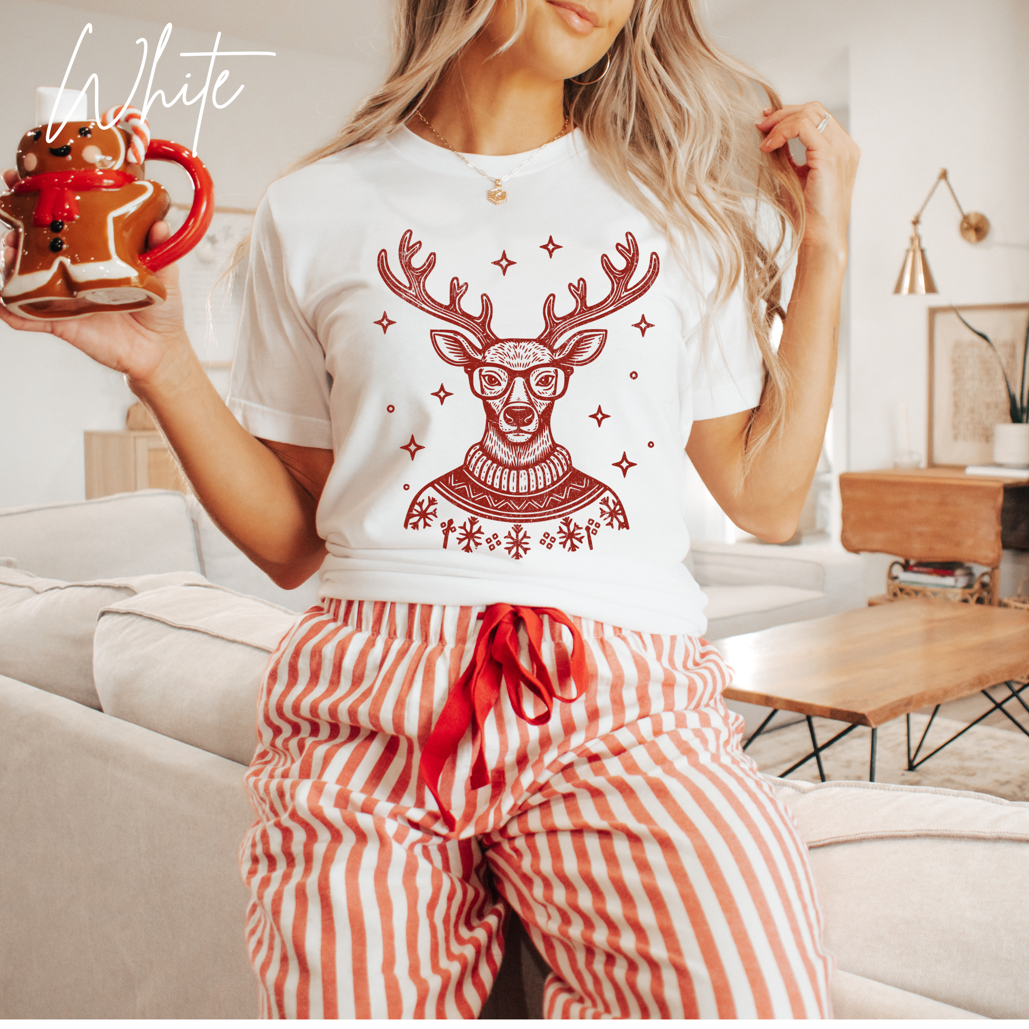 🦌🎄 Preppy Christmas Deer T-Shirt – Bella + Canvas 3001 • Cute Holiday Deer in Turtleneck & Glasses Christmas Tee