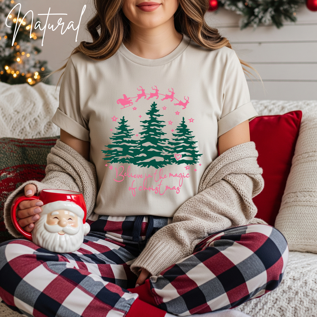 Women’s “Believe in the Magic of Christmas” T-Shirt | Santa Sleigh Holiday Bella Canvas 3001 Tshirt
