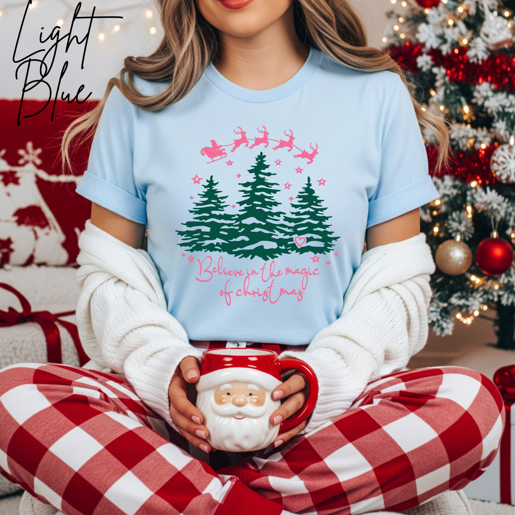Women’s “Believe in the Magic of Christmas” T-Shirt | Santa Sleigh Holiday Bella Canvas 3001 Tshirt