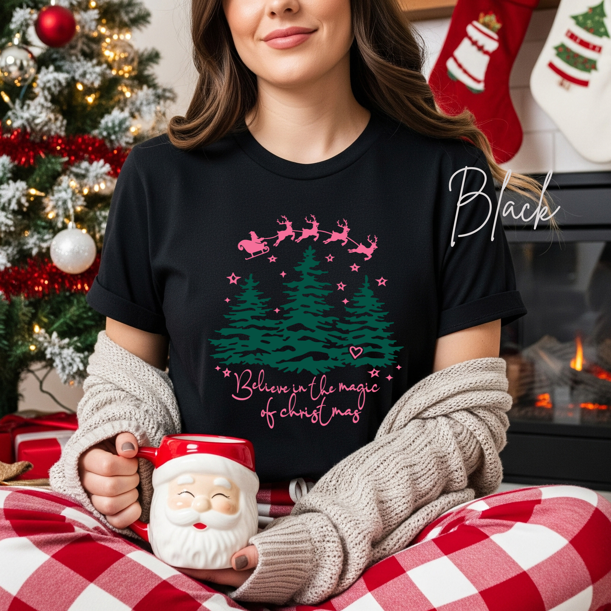 Women’s “Believe in the Magic of Christmas” T-Shirt | Santa Sleigh Holiday Bella Canvas 3001 Tshirt
