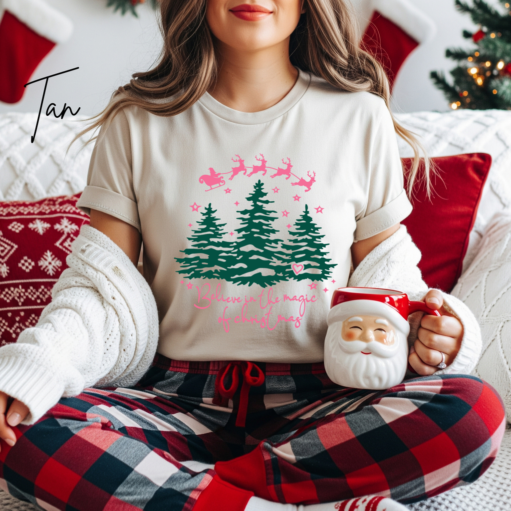 Women’s “Believe in the Magic of Christmas” T-Shirt | Santa Sleigh Holiday Bella Canvas 3001 Tshirt