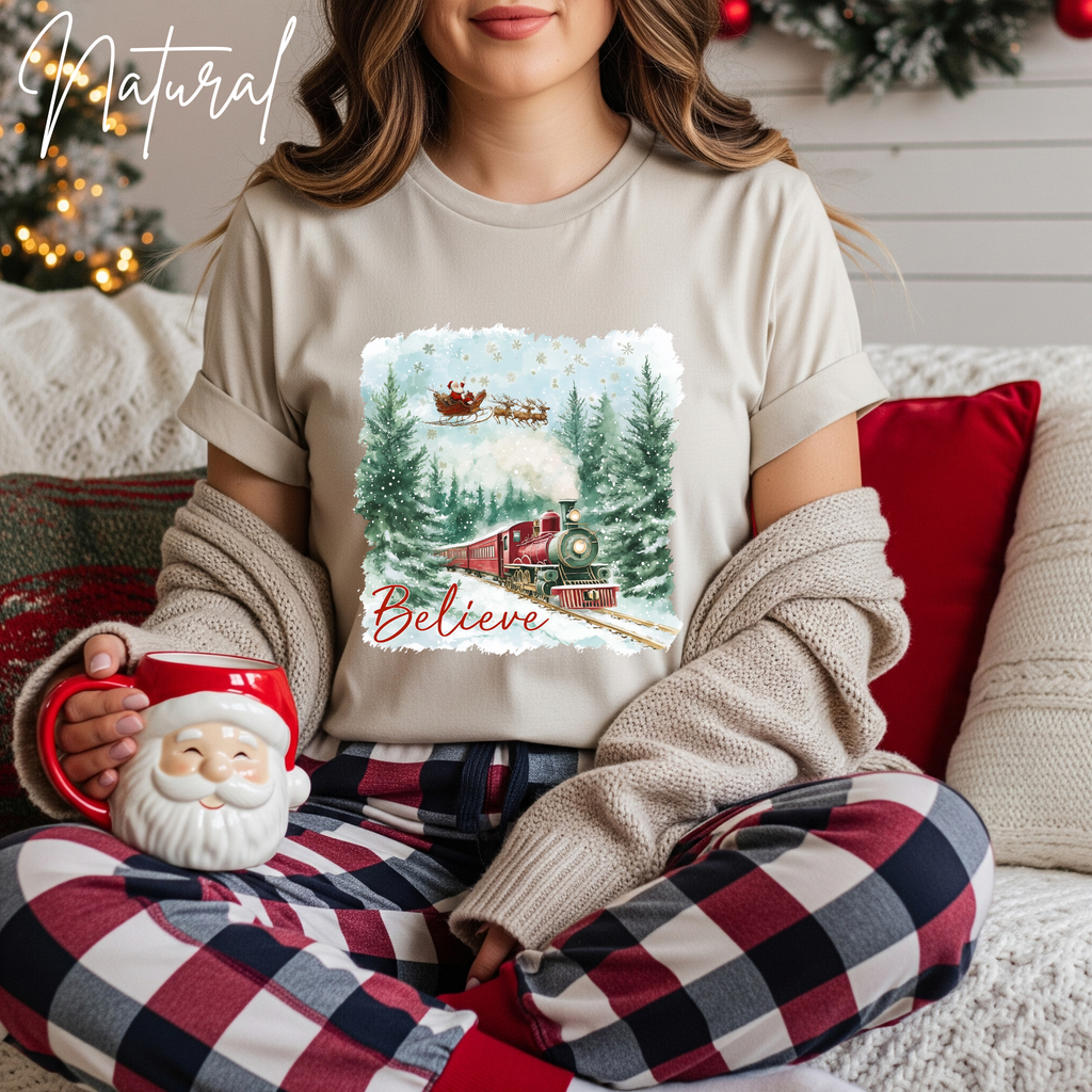 Women’s “Believe” Christmas T-Shirt | Polar Express & Santa Sleigh Holiday Bella Canvas 3001 Tshirt