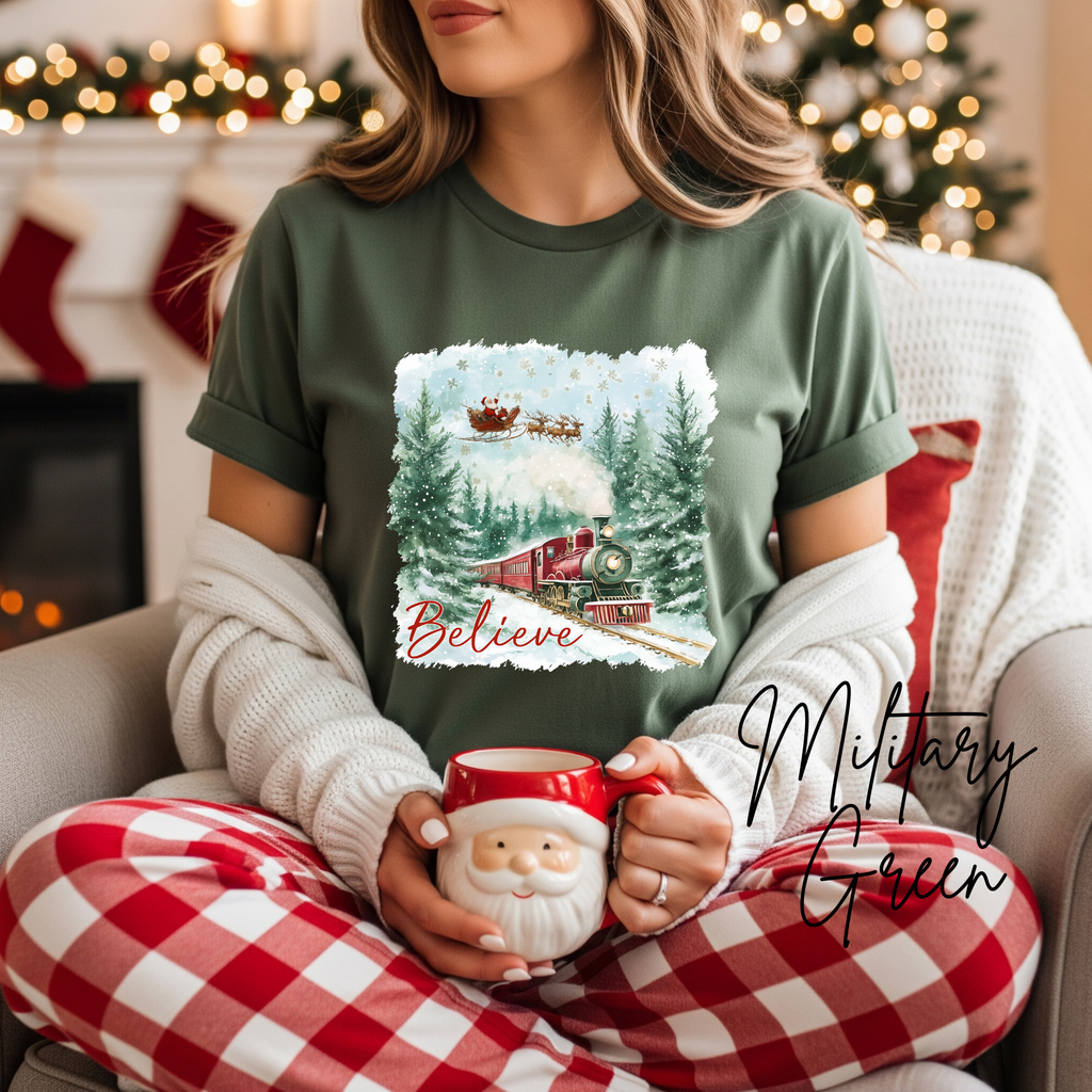 Women’s “Believe” Christmas T-Shirt | Polar Express & Santa Sleigh Holiday Bella Canvas 3001 Tshirt