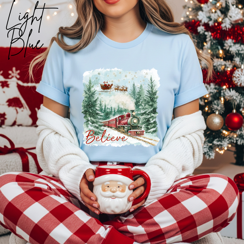 Women’s “Believe” Christmas T-Shirt | Polar Express & Santa Sleigh Holiday Bella Canvas 3001 Tshirt