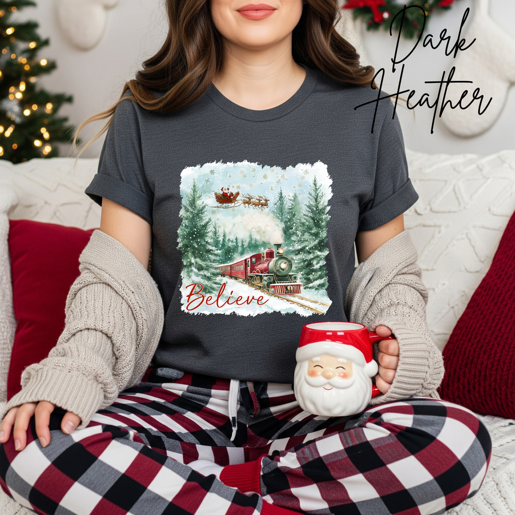 Women’s “Believe” Christmas T-Shirt | Polar Express & Santa Sleigh Holiday Bella Canvas 3001 Tshirt