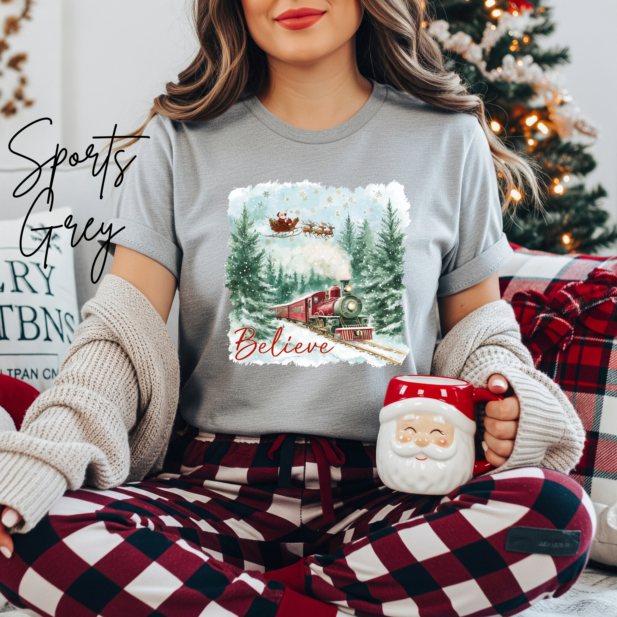 Women’s “Believe” Christmas T-Shirt | Polar Express & Santa Sleigh Holiday Bella Canvas 3001 Tshirt